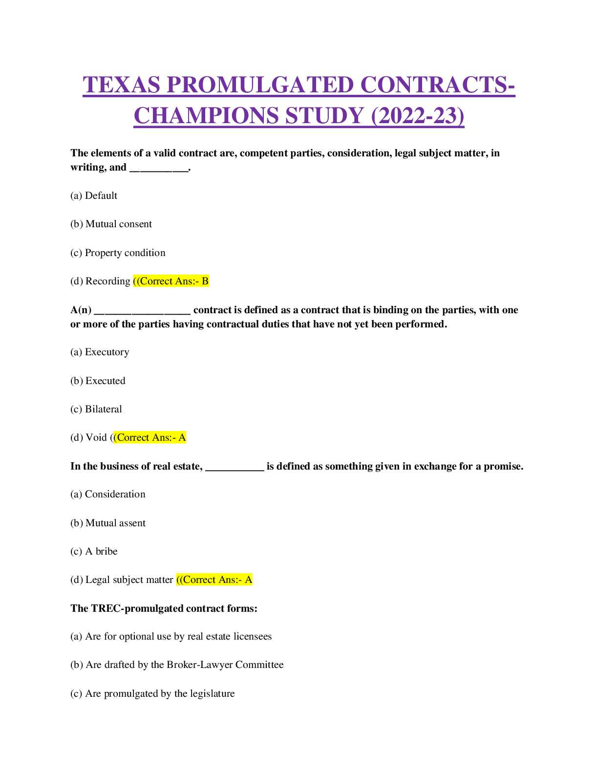 Preview of TEXAS PROMULGATED CONTRACTS-CHAMPIONS STUDY (2022-23) Solved 100% Correct